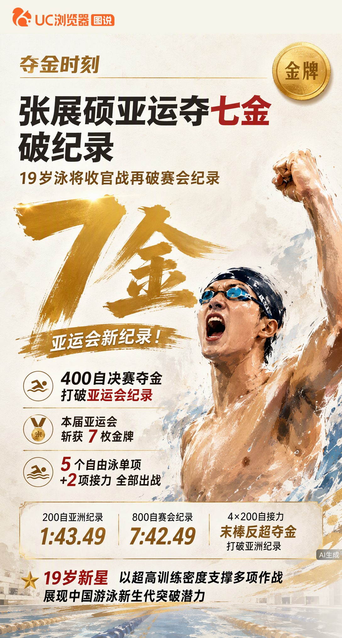 19岁张展硕400自夺金再破赛会纪录，本届狂揽7金收官！5个单项加两项接力全勤出战，还刷新200自亚