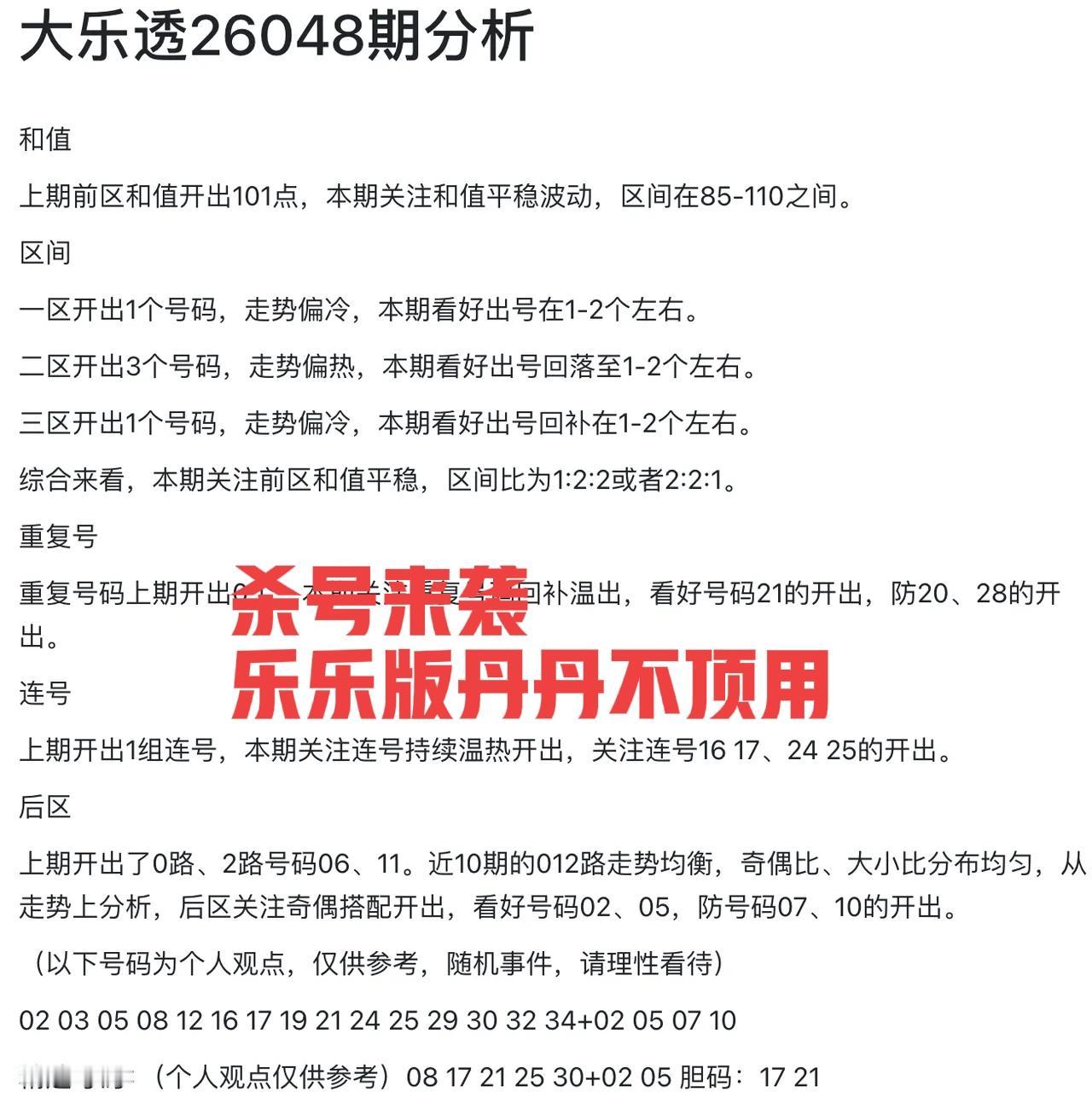 乐乐班丹丹不顶用，每次分析都是杀号，既然这样大家也别客气，直接当做杀号也不是不可