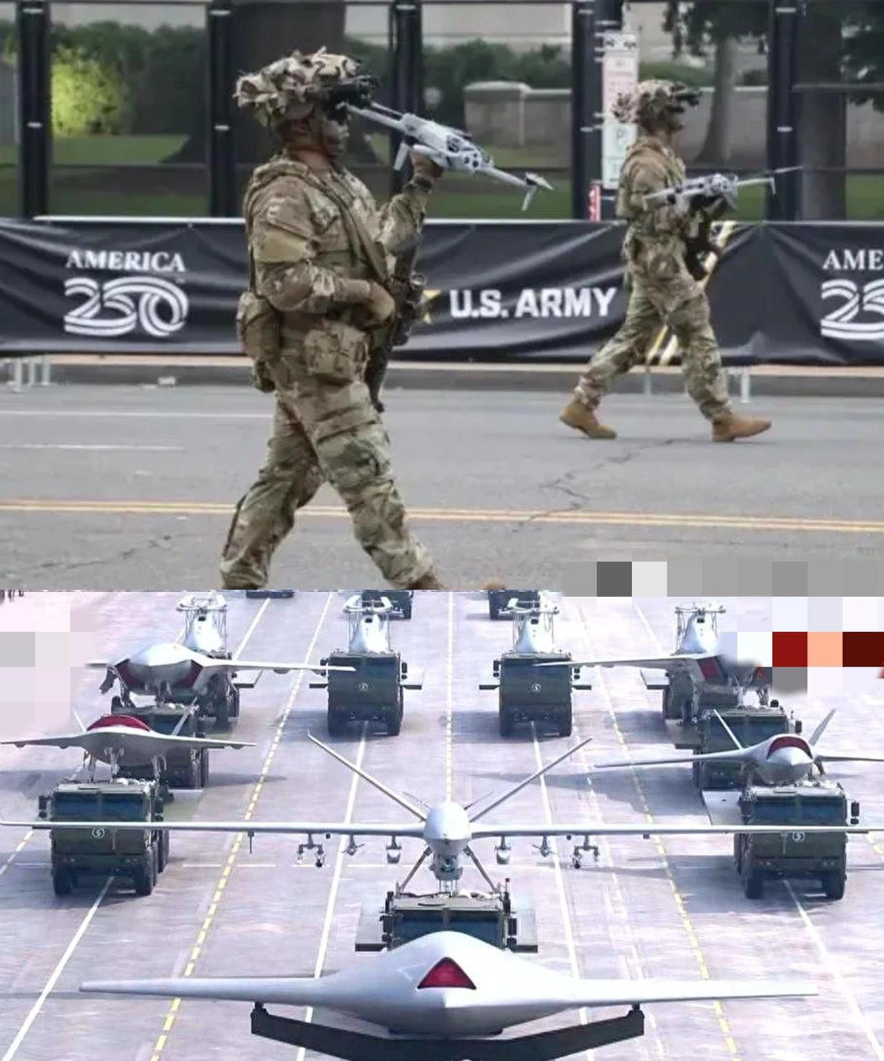这是一张美国250阅兵和中国九三阅兵无人机方队现场对比图片，许多人质疑美国士兵手