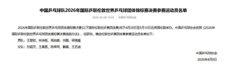 国乒伦敦世乒赛名单樊振东自愿放弃世乒赛参赛资格乒乓球官宣！4月8日，国乒正式公