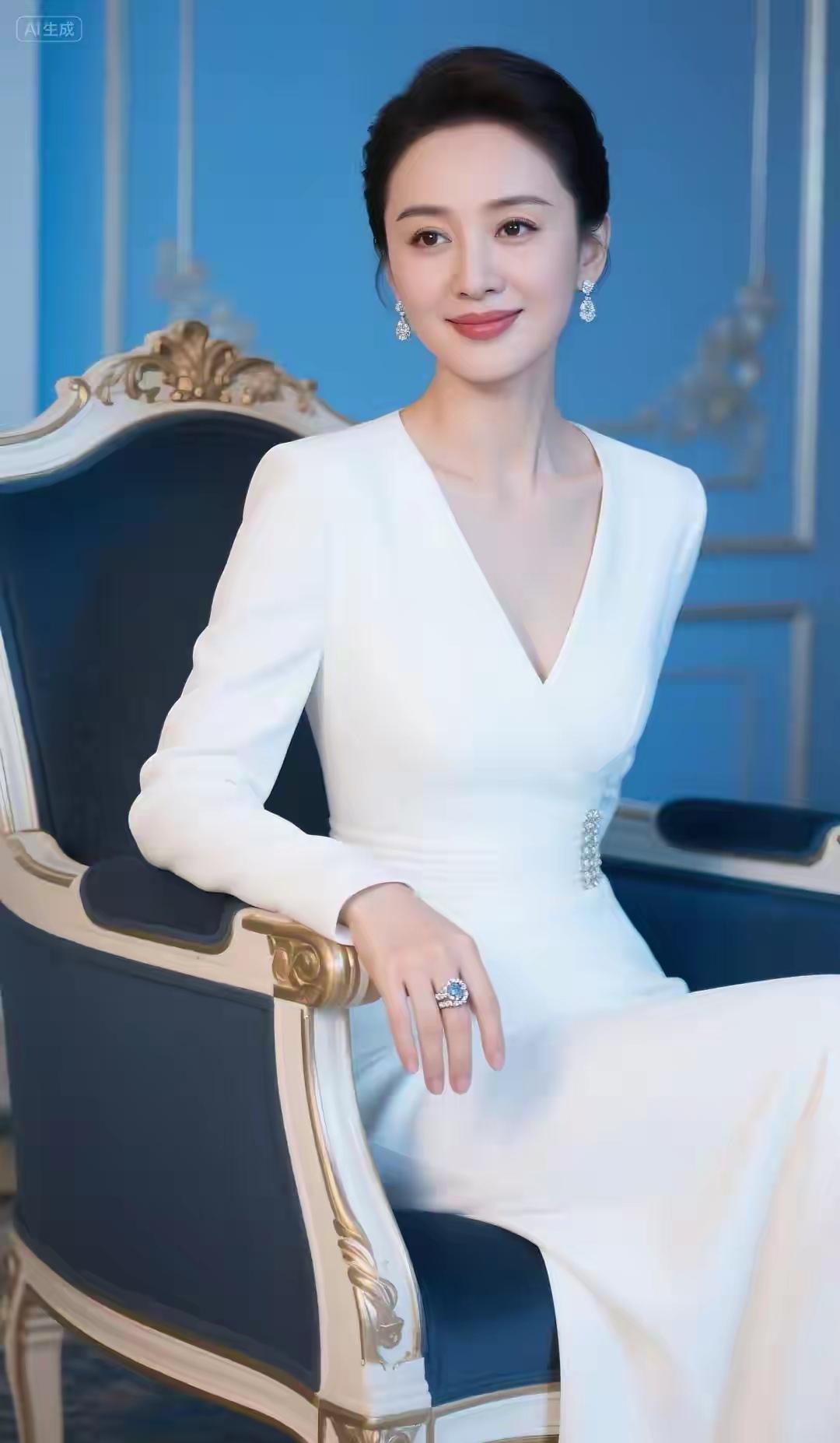 蓝调的墙面鎏金的椅背仿佛她量身筑就的舞台一袭白裙垂落线条如月光流淌般流畅