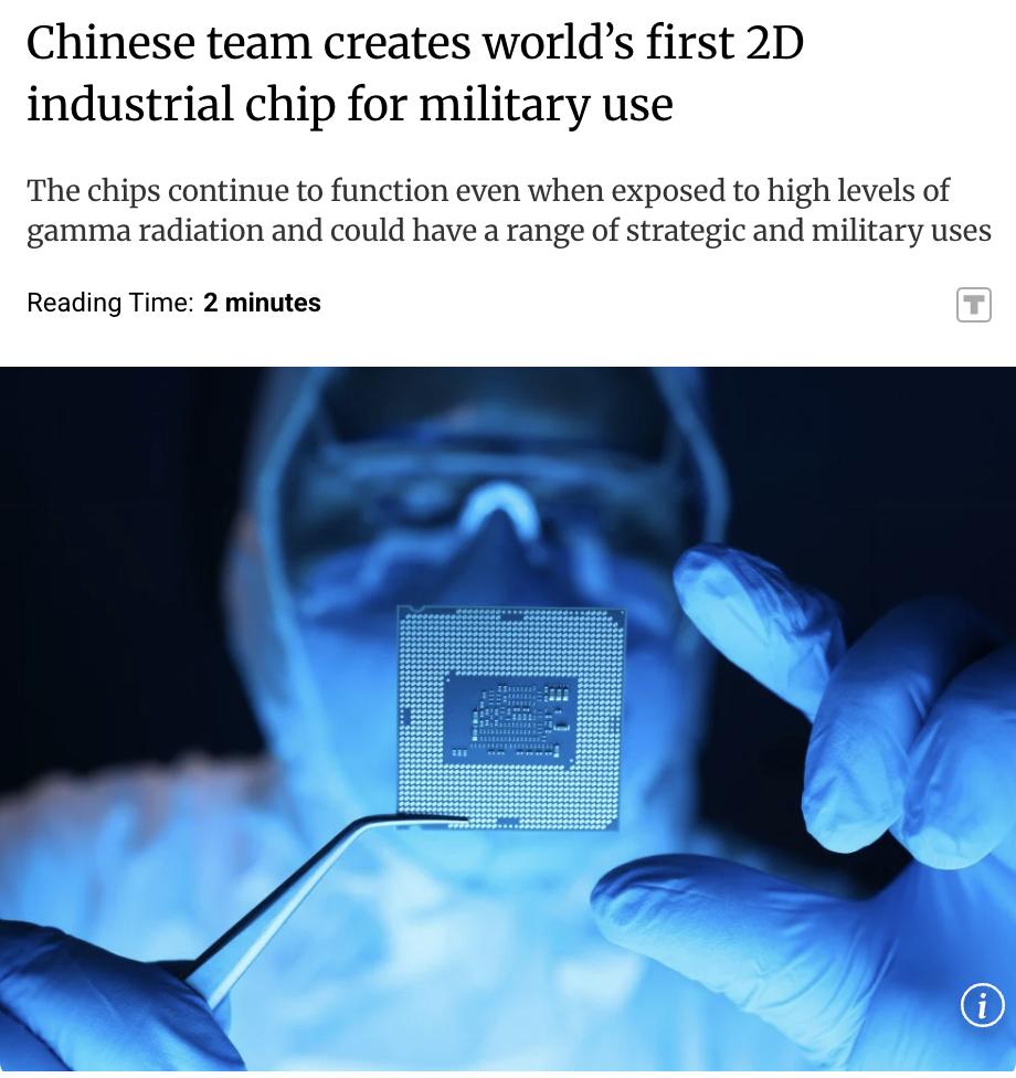 外媒：中国科学家团队成功研发出世界上首个二维工业芯片，这种芯片能够在高伽马射线辐