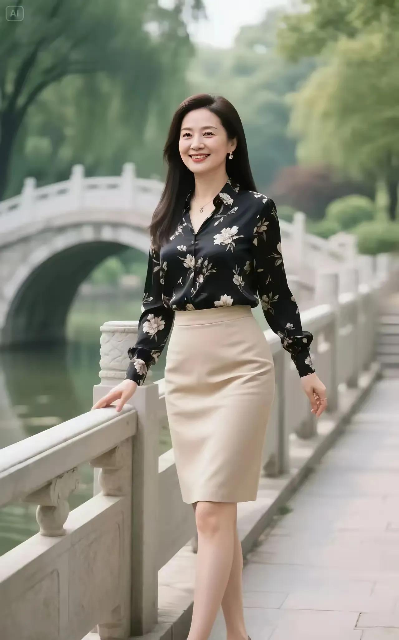 古桥美影古桥流水映娇姿，花衬米裙风拂时。优雅步移添韵致，都市芳颜梦里诗。