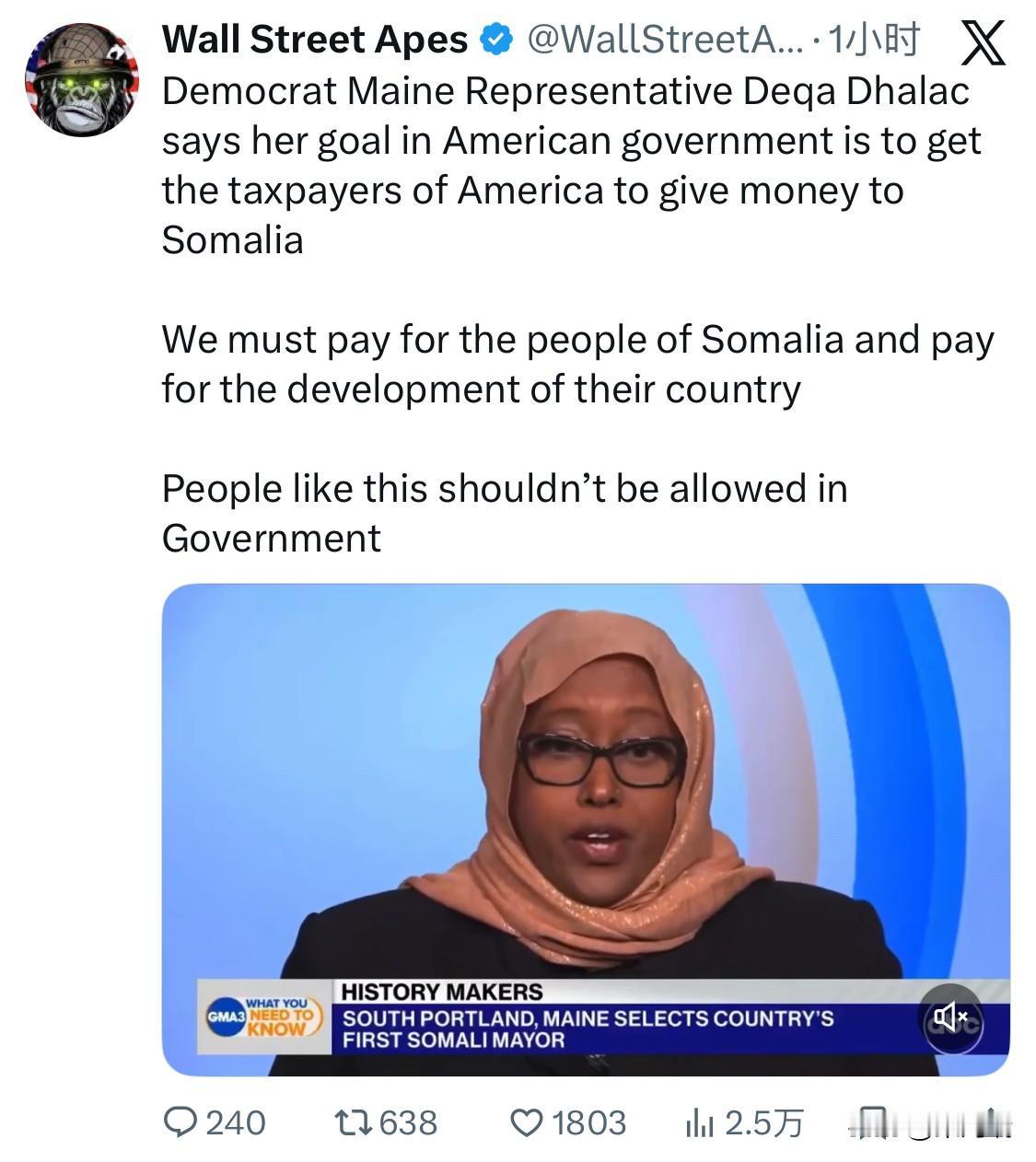 美国缅因州民主党众议员德卡·达拉克表示，她进入美国政府的目标是让美国纳税人向索马