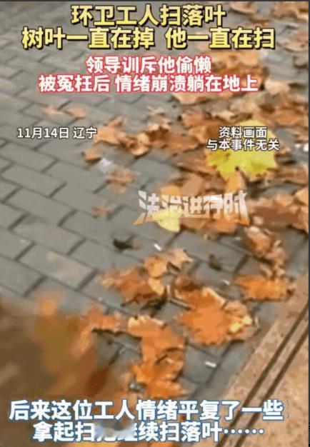 成年人的崩溃也许就在一瞬间！辽宁，一环卫工人在扫落叶时，结果树叶一直掉，他一直扫