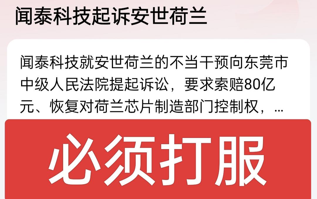 必须打服荷兰！闻泰科技起诉安世荷兰，东莞中级人民法院已立案！闻泰科技索赔暂计80