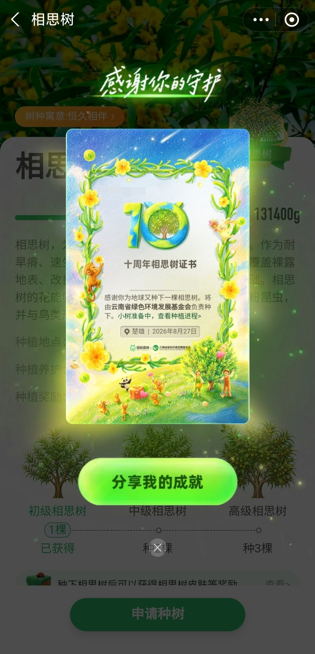 蚂蚁森林十周年种了三棵树，一棵个人相思树，两颗快种云杉樟子松，今年的三棵树也算达