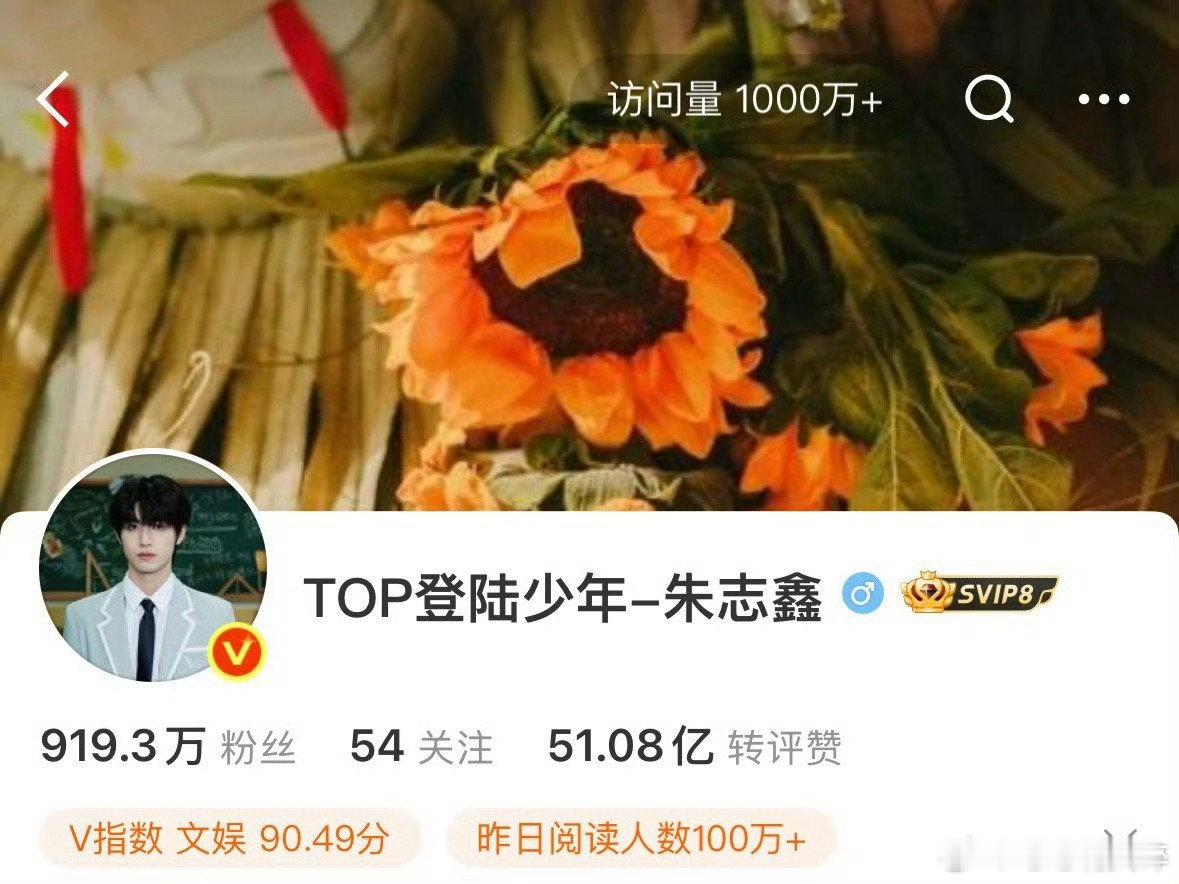 朱志鑫主页访问量突破1000w楼内唯一一位微博主页访问量突破1000w的艺人