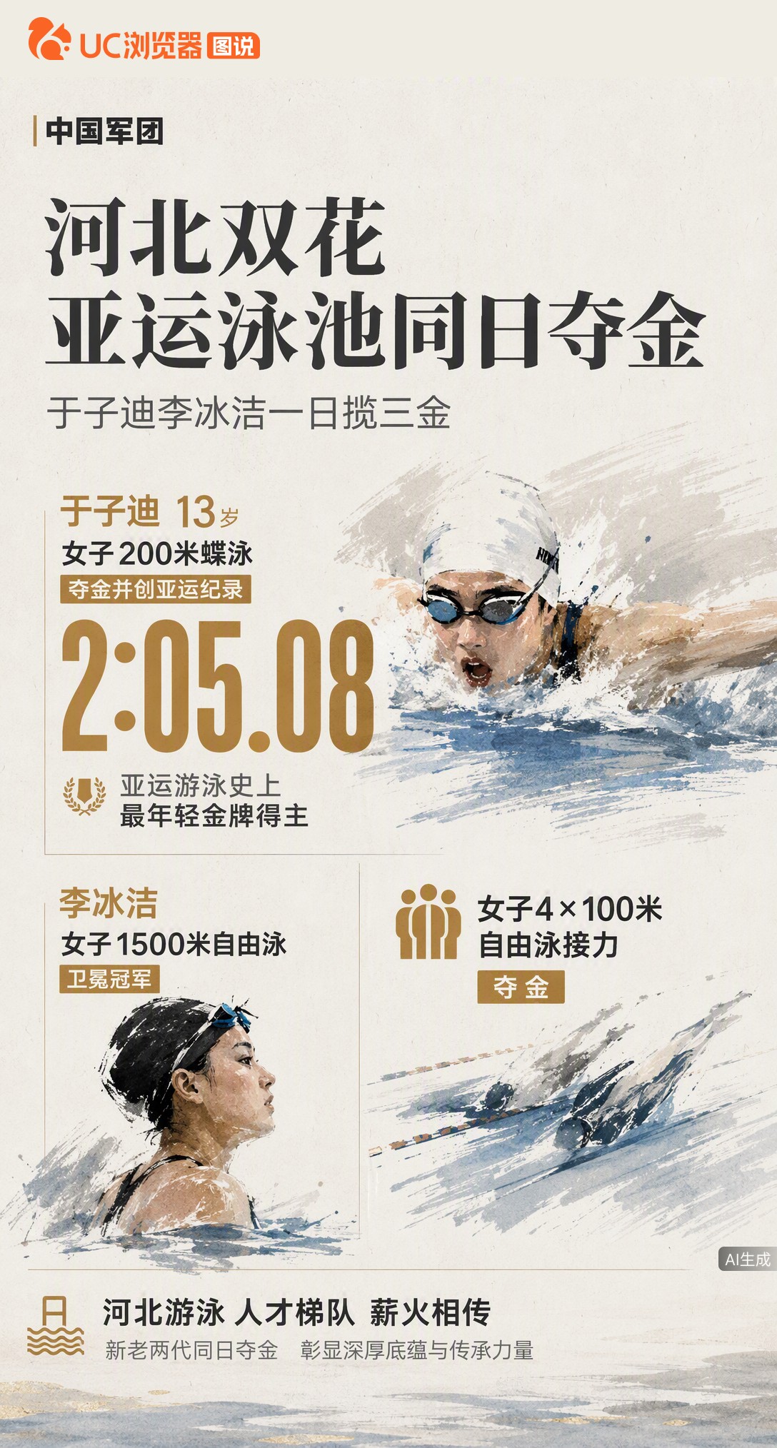 13岁于子迪200蝶夺冠创亚运纪录，成游泳史上最年轻金牌得主；李冰洁同日卫冕1500自并拿下接力金牌
