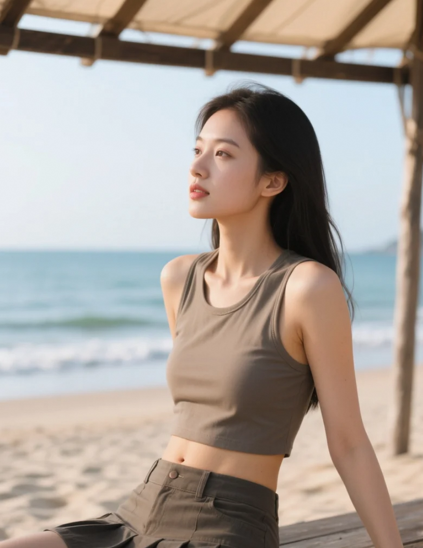 遮阳棚下的亚洲美女，享受一片宁静的小天地