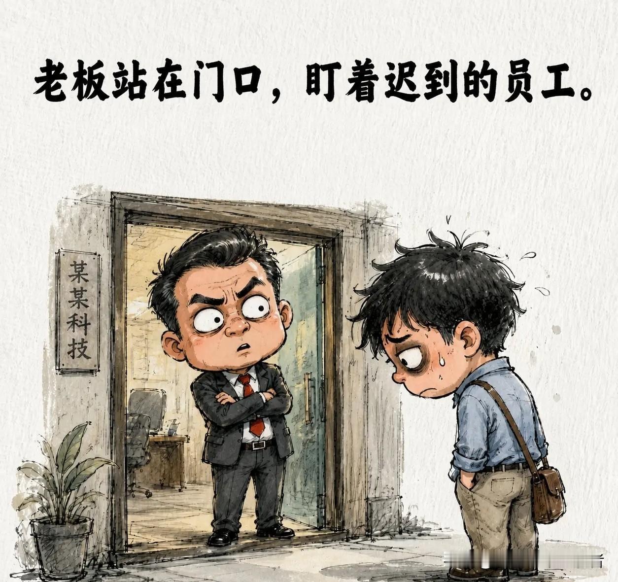 趣味漫画：老板站在门口，盯着迟到的员工。老板问：你迟到二十分钟，有啥解释？员工：