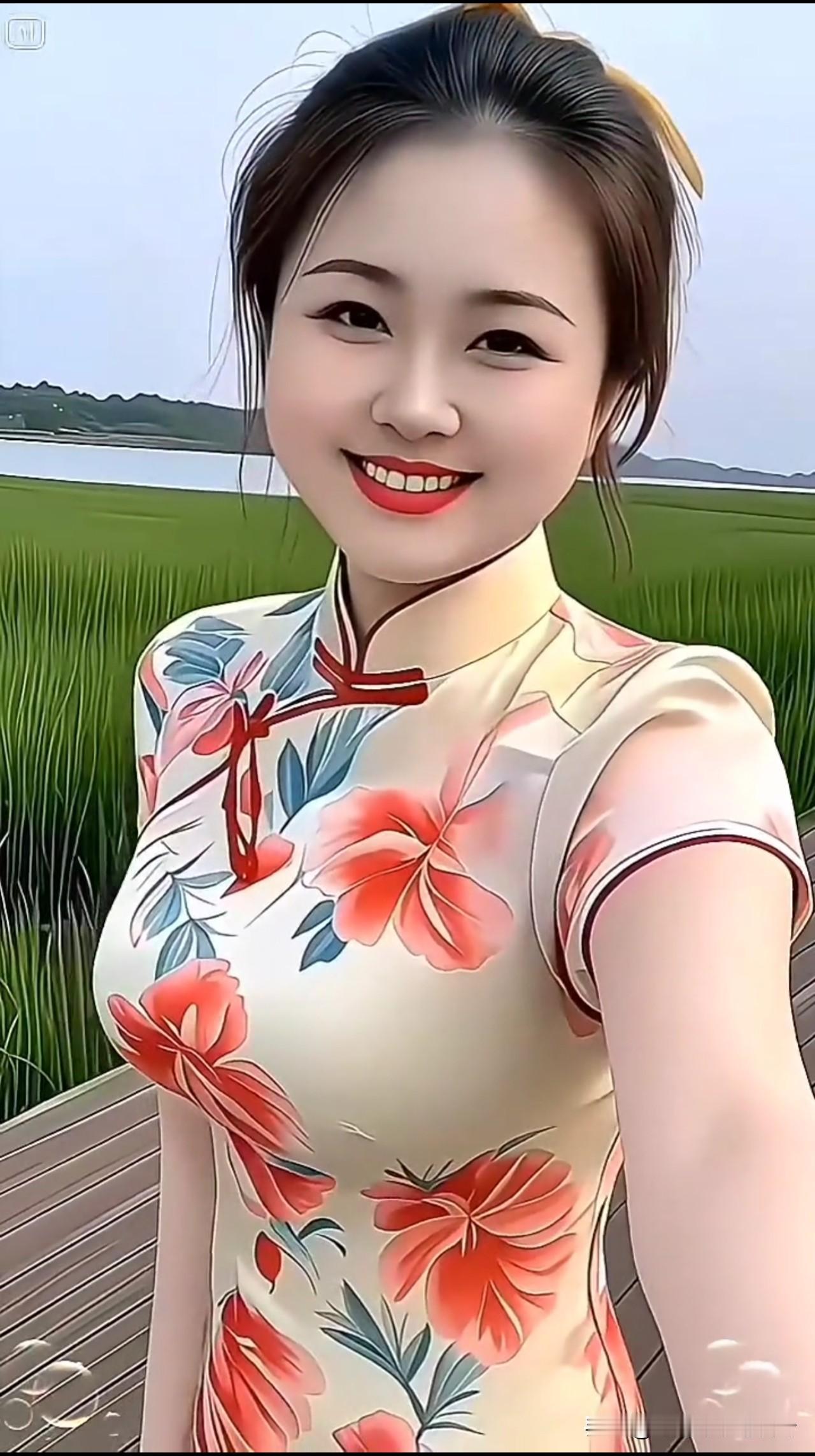 娇妻在侧，岁月含情广袤无垠的青草湖畔，身着印花旗袍的妻子笑容灿烂，眉眼盈盈，