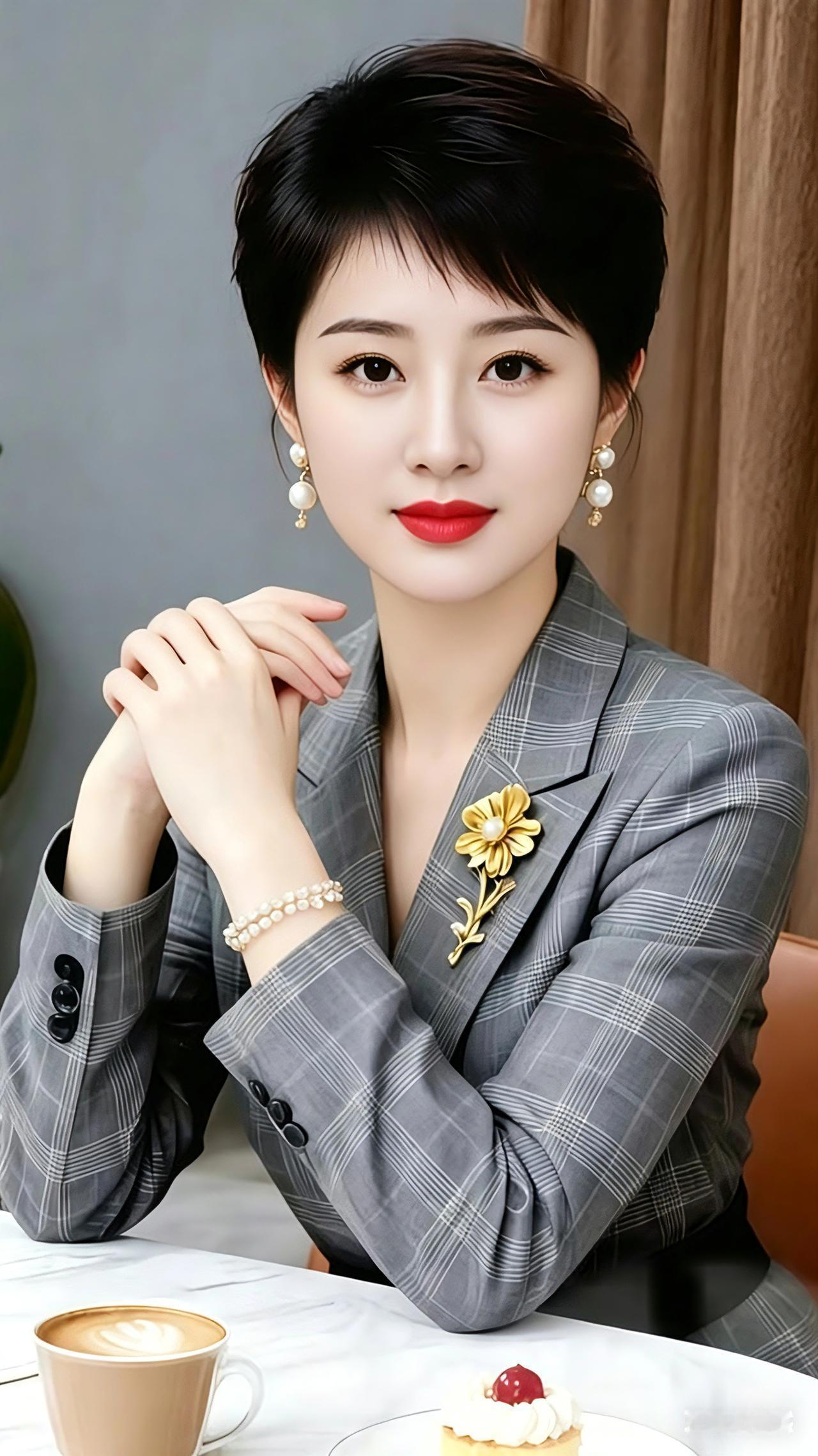 打油诗短发爽利气质佳，西装端雅显风华。今年恰满三十岁，心地淳善品性嘉。