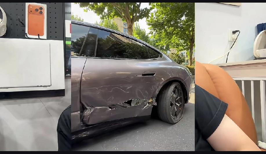 大家猜一下这是什么牌子?这个铁皮为什么会这么薄?剐蹭一下就搞了这么多洞。第一次