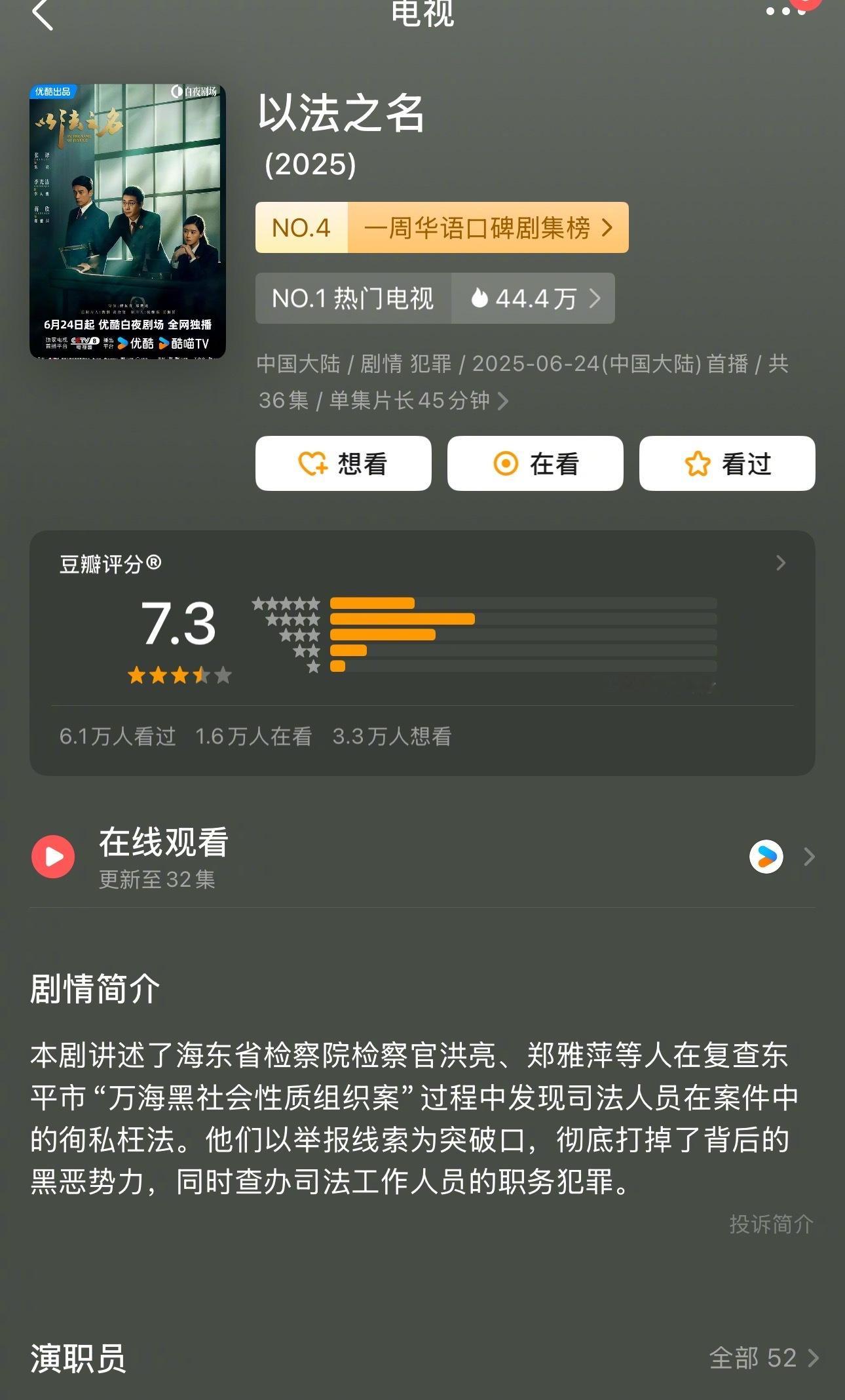 《以法之名》豆瓣持续降分，降到7.3了。。。但是热度持续上涨，已经达到10428