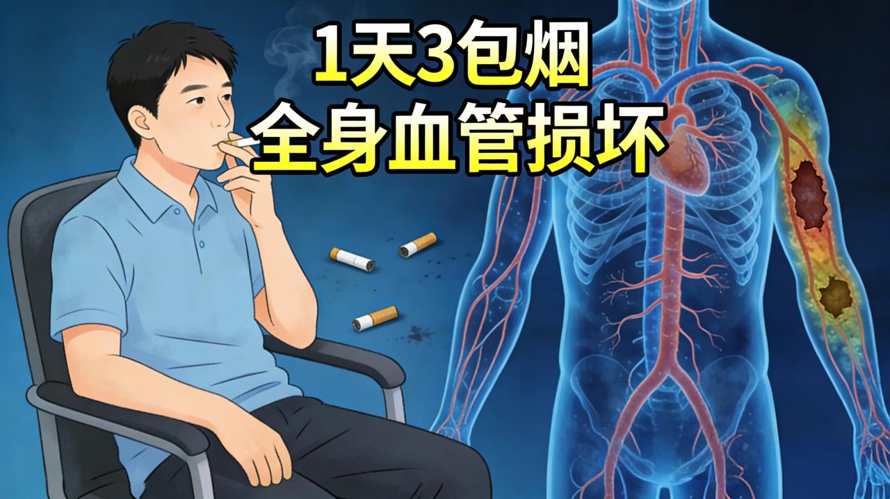 这种新闻一看就有点标题党，是因为他一天三包烟，导致全身血管损坏的吗？还是说他自身
