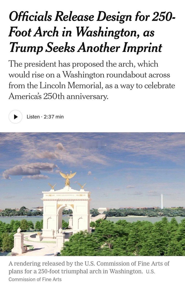 川普公布了了250英尺高的川普凯旋门设计图。名义上还要美术委员会批准，但该委员会