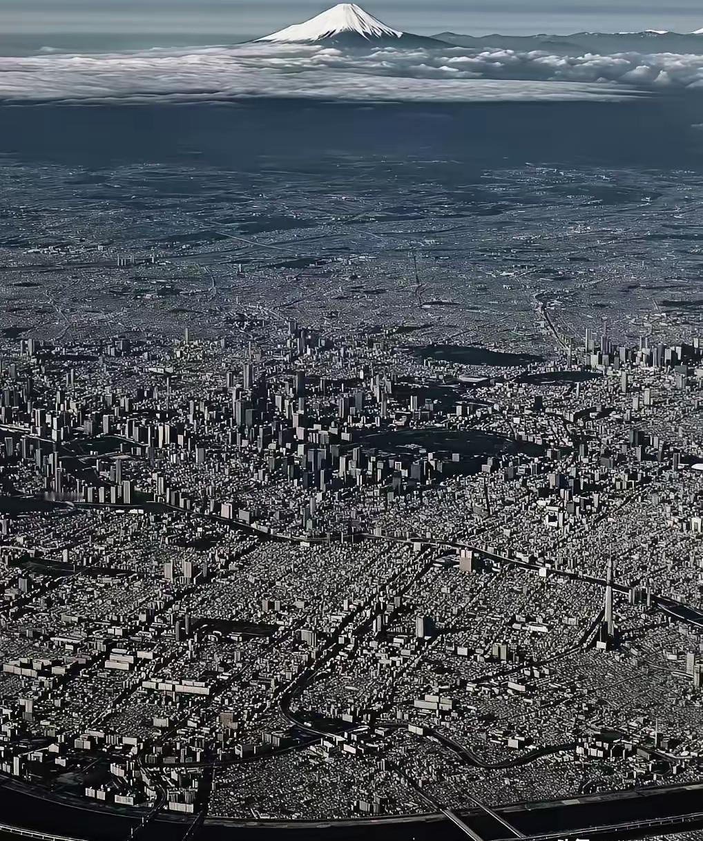 看了这张图才晓得，原来日本的富士山周边不远就是大海。据说富士山是座火山，一旦爆发