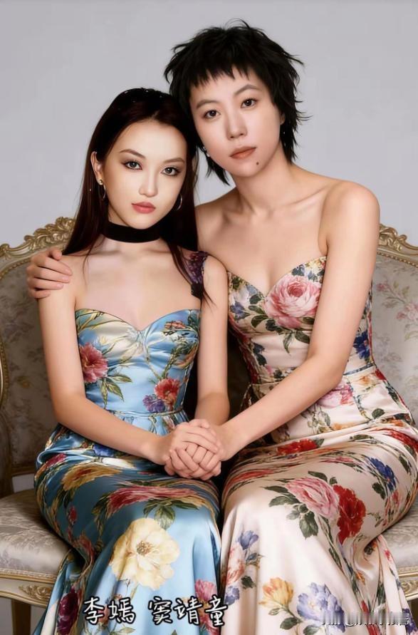 王菲的两个千金同框大片一曝光，全网都在感叹基因的强大!窦靖童一身米白底繁花抹胸裙