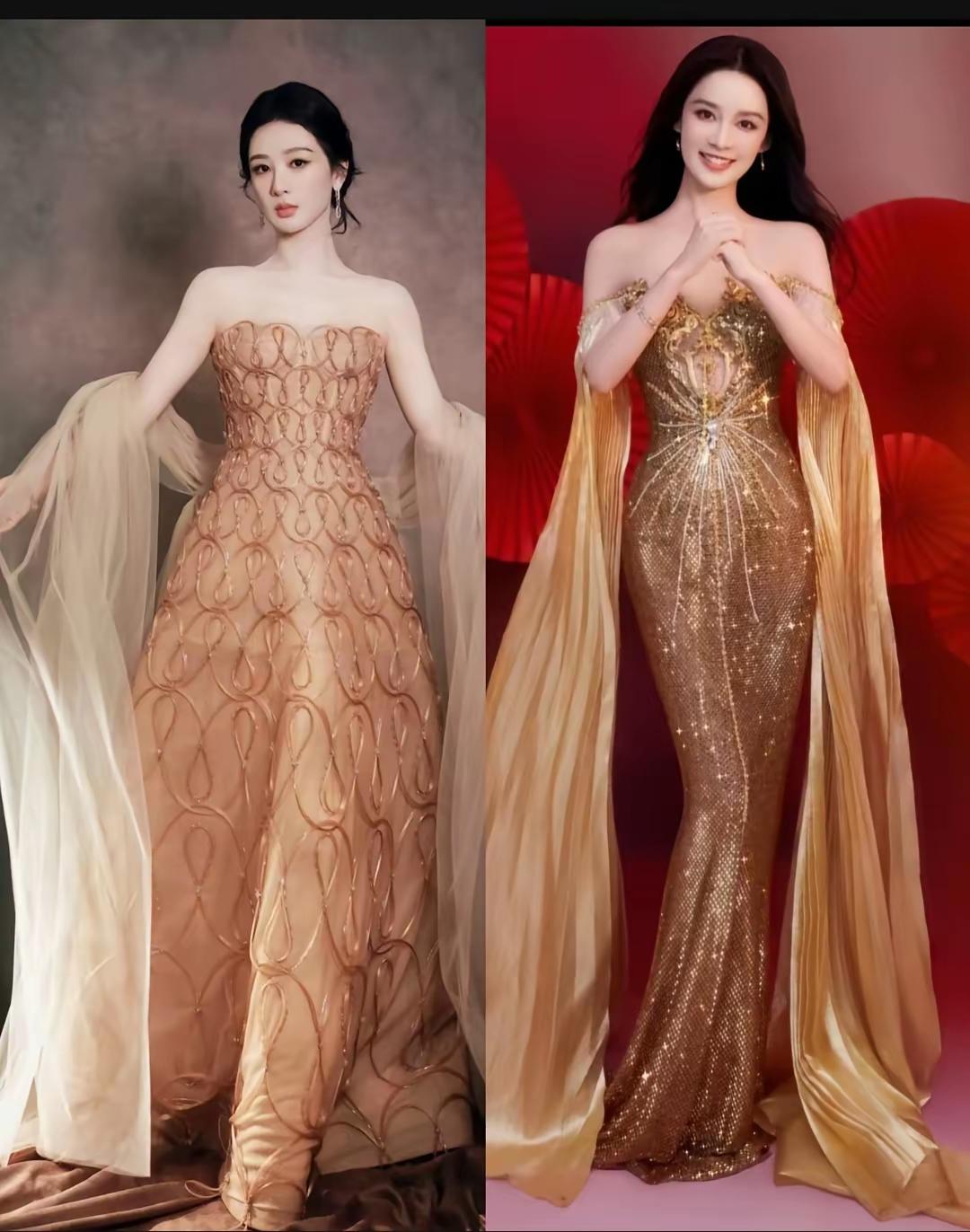杨紫、李沁两套金色礼服有异曲同工之妙。同是鎏金氛围感，杨紫温婉典雅，李沁华贵大气