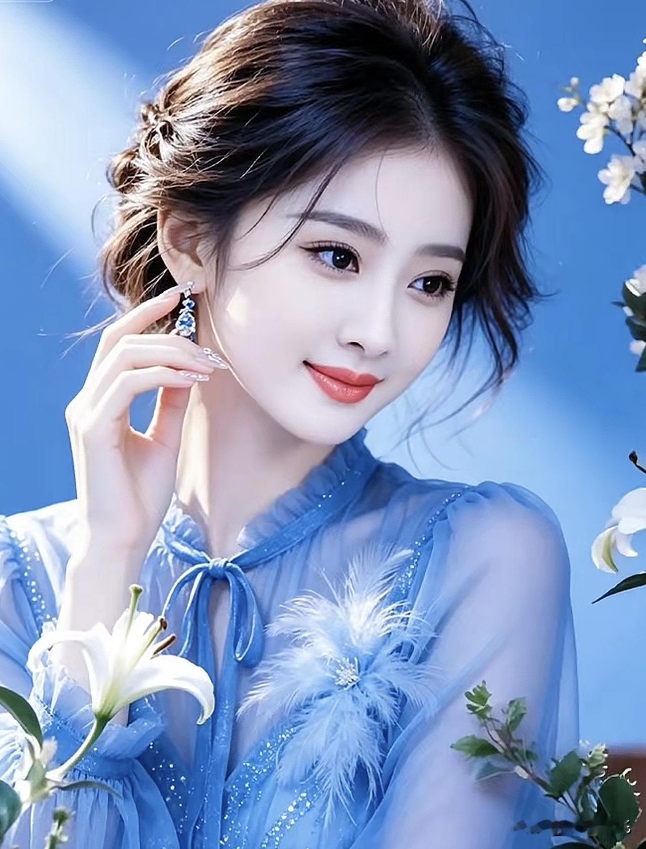 蓝衣美人倚花间，玉簪轻扶鬓发间。淡雅蓝裙照紫裙倚坐绿裙美人紫裙倚坐绿裙美