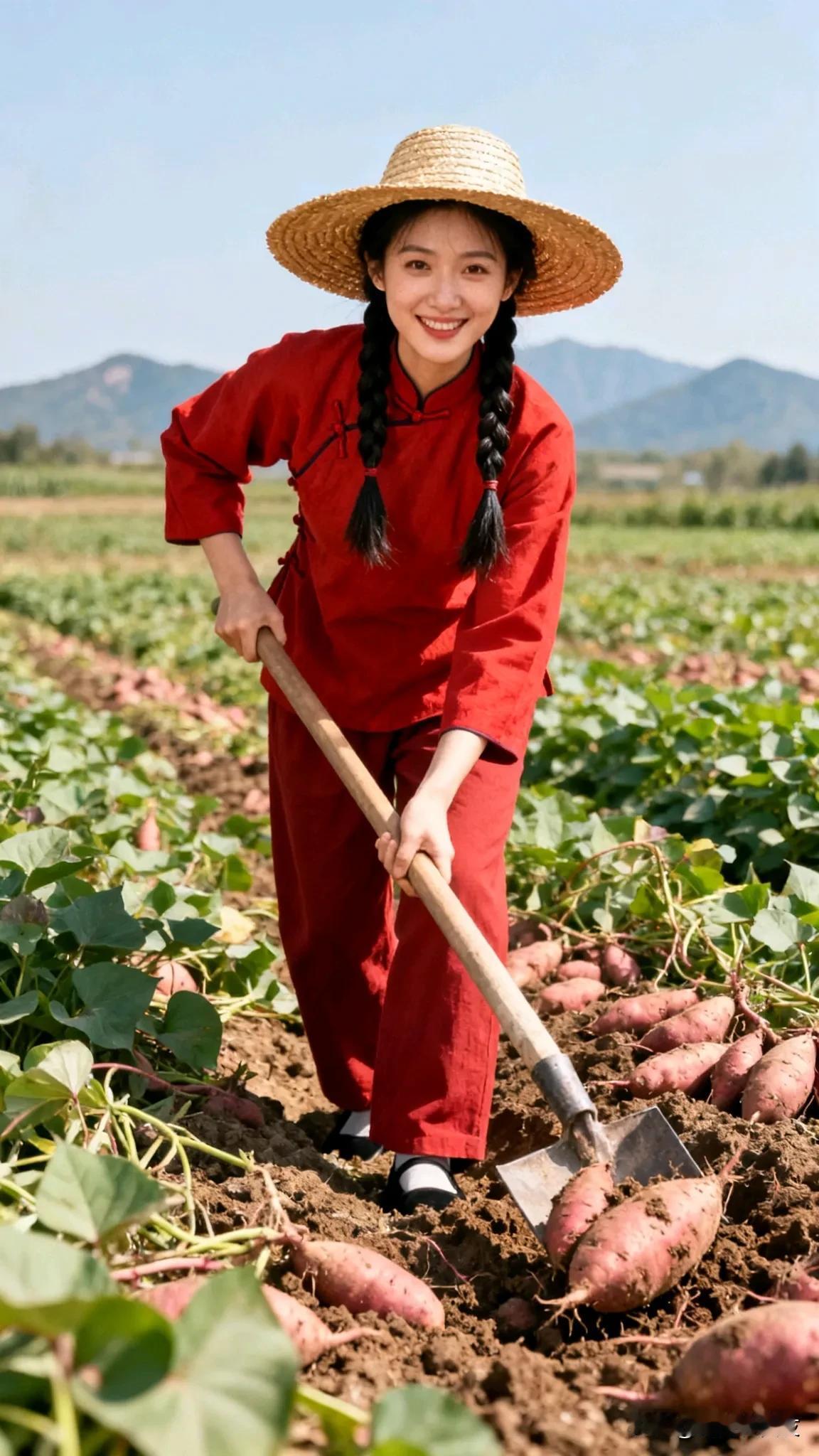 田园间，红衣少女与红薯的邂逅太甜啦！就像广西姑娘娟儿，她穿梭在红薯田间，是最美的