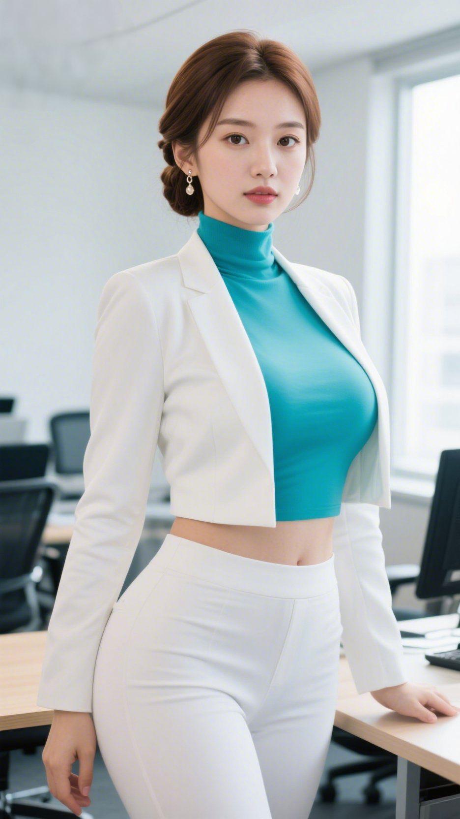 职场中的清新锋芒清晨的阳光穿过写字楼的落地窗，落在浅灰色的办公桌上。一身利