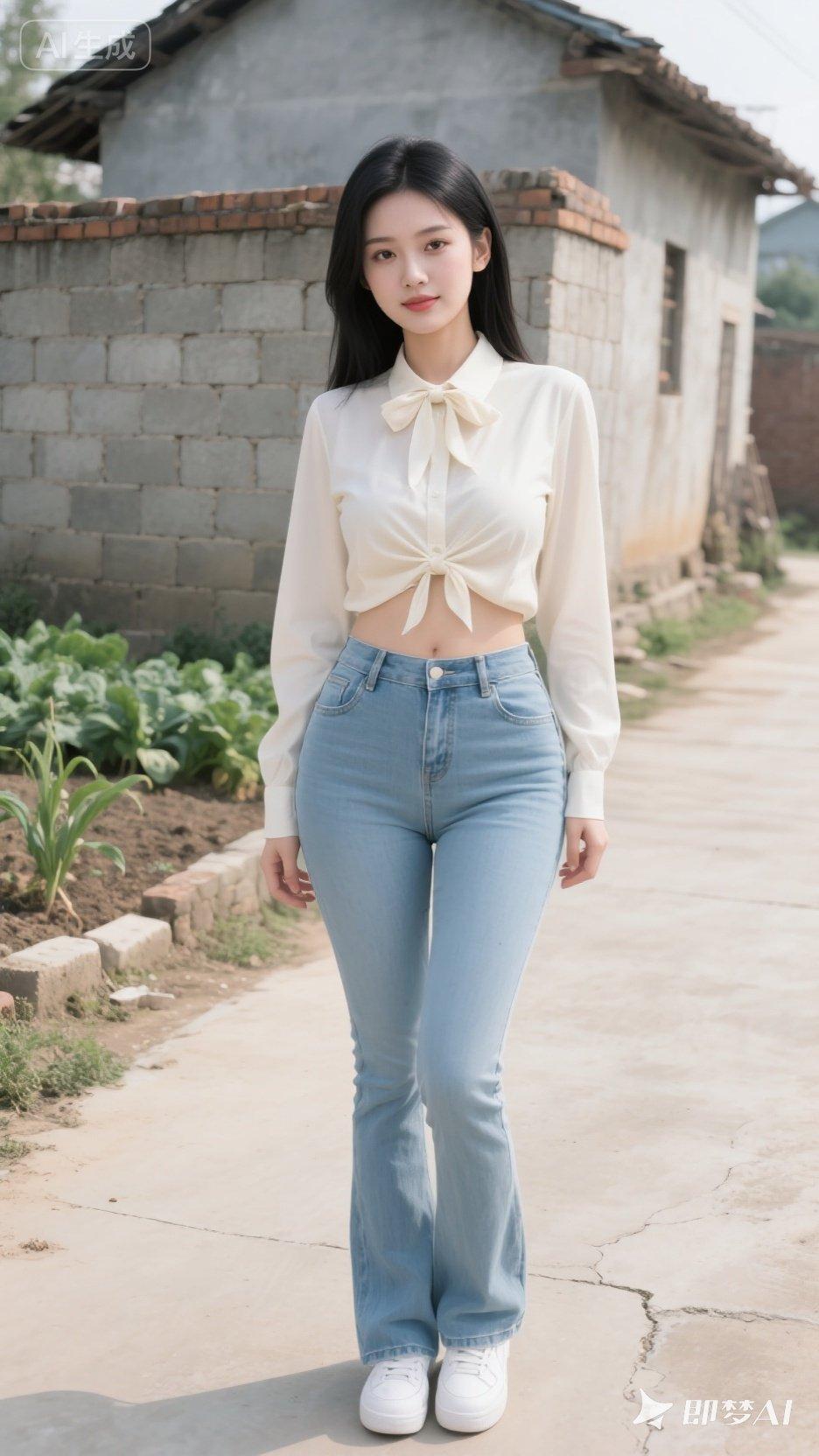 这个女生在乡间小路上拍照片。