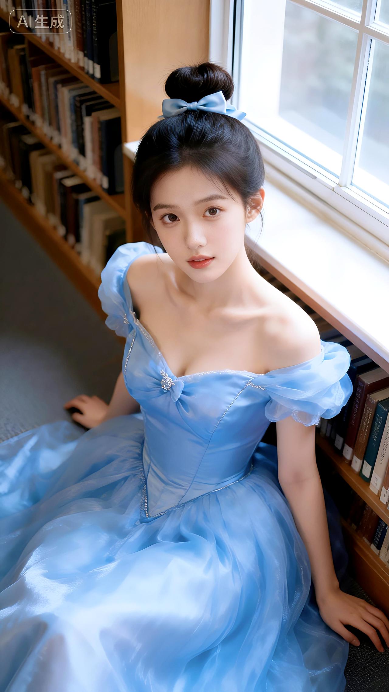 窗边蓝裙映书影，佳人浅笑入画中。淡雅蓝裙照壁纸写真
