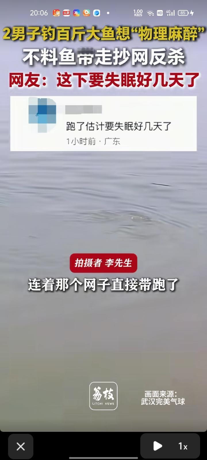 5月11日，湖北武汉。网友发视频称，钓友钓到百斤大鱼，想拿棒子把它敲晕后再拎上来