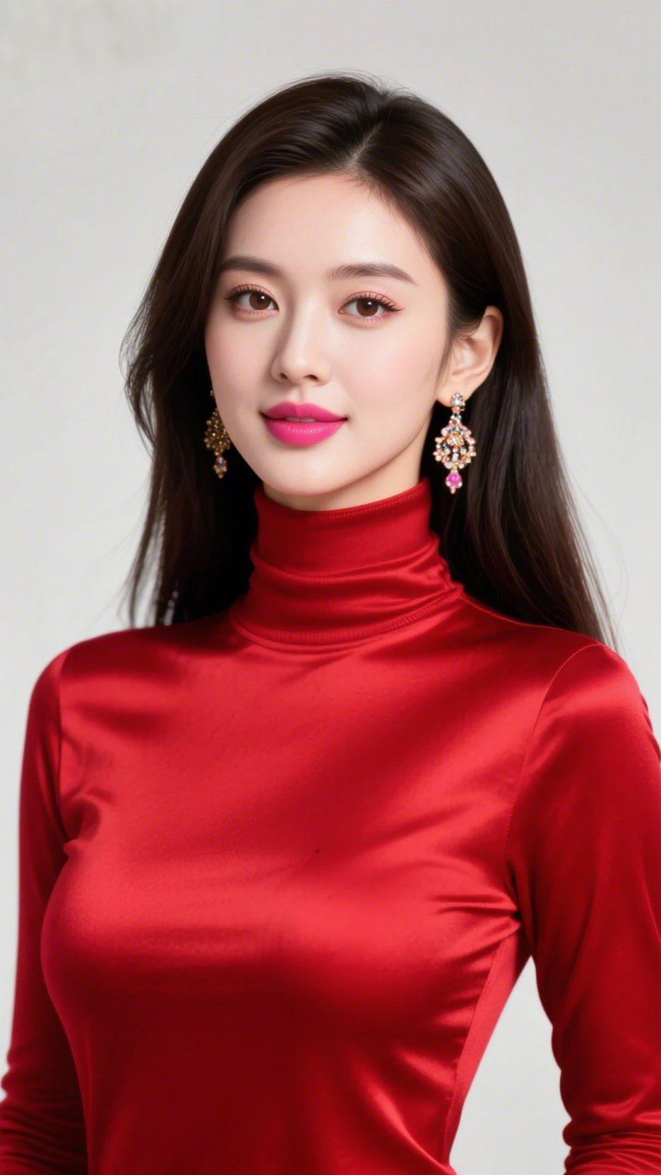 红衫雅韵，春信满怀一件红色高领缎面衣衫，在素净背景下尽显雅致格调，温润的面