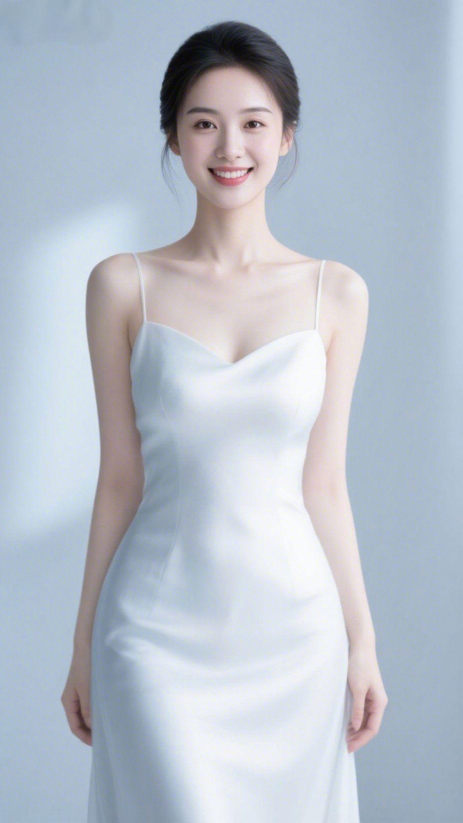 白裙裹满柔光浅灰背景像覆了层轻雾，她身上的白裙似是揉碎的月光织就，缎面泛着