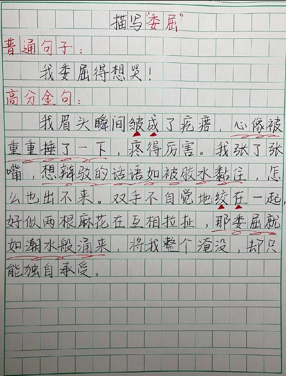 描写“委屈”的高分句火了！把心比成被锤、双手比成麻花，老师狂划红圈！