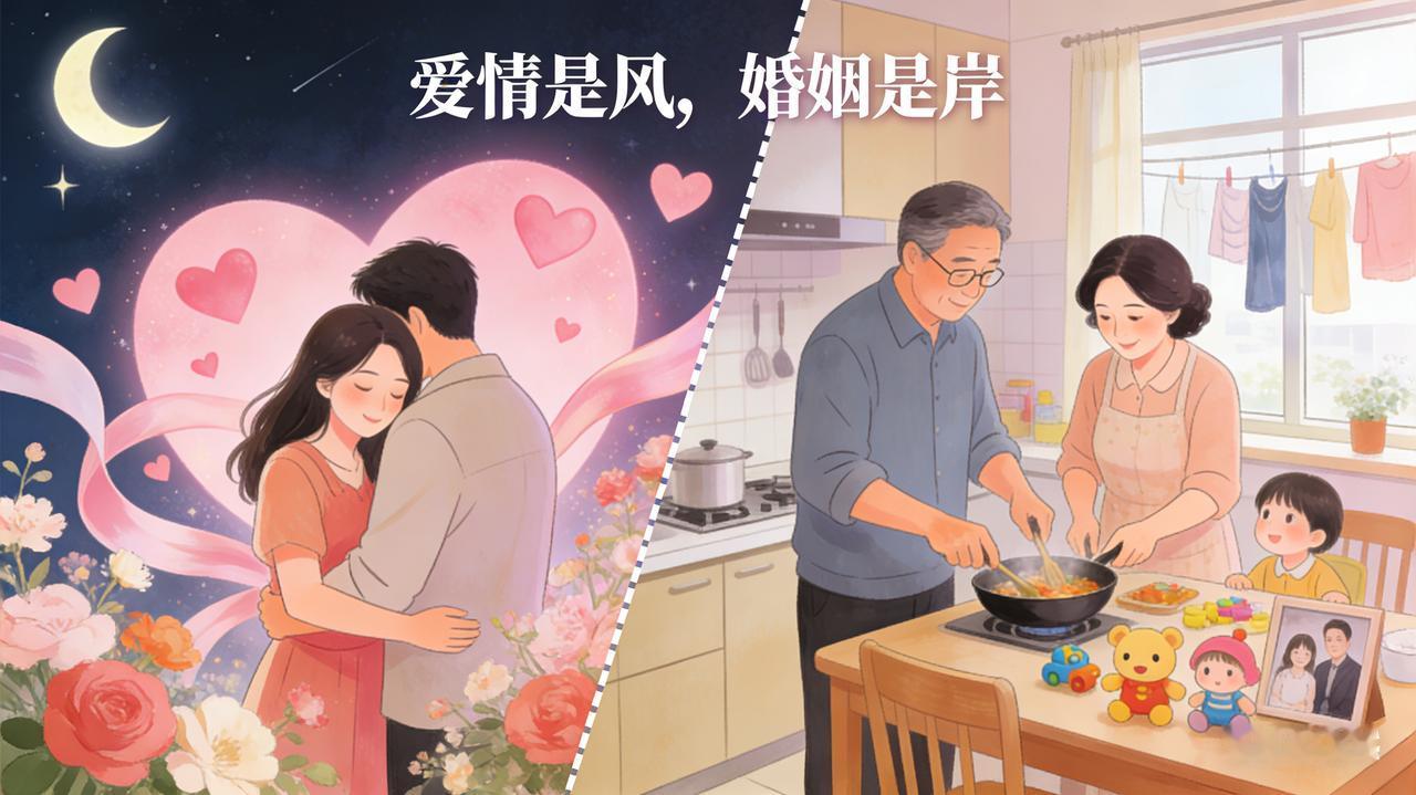 “过来人建议，不要因为爱情而结婚，爱情是不需要婚姻的。结婚的理由应该是组建家庭，