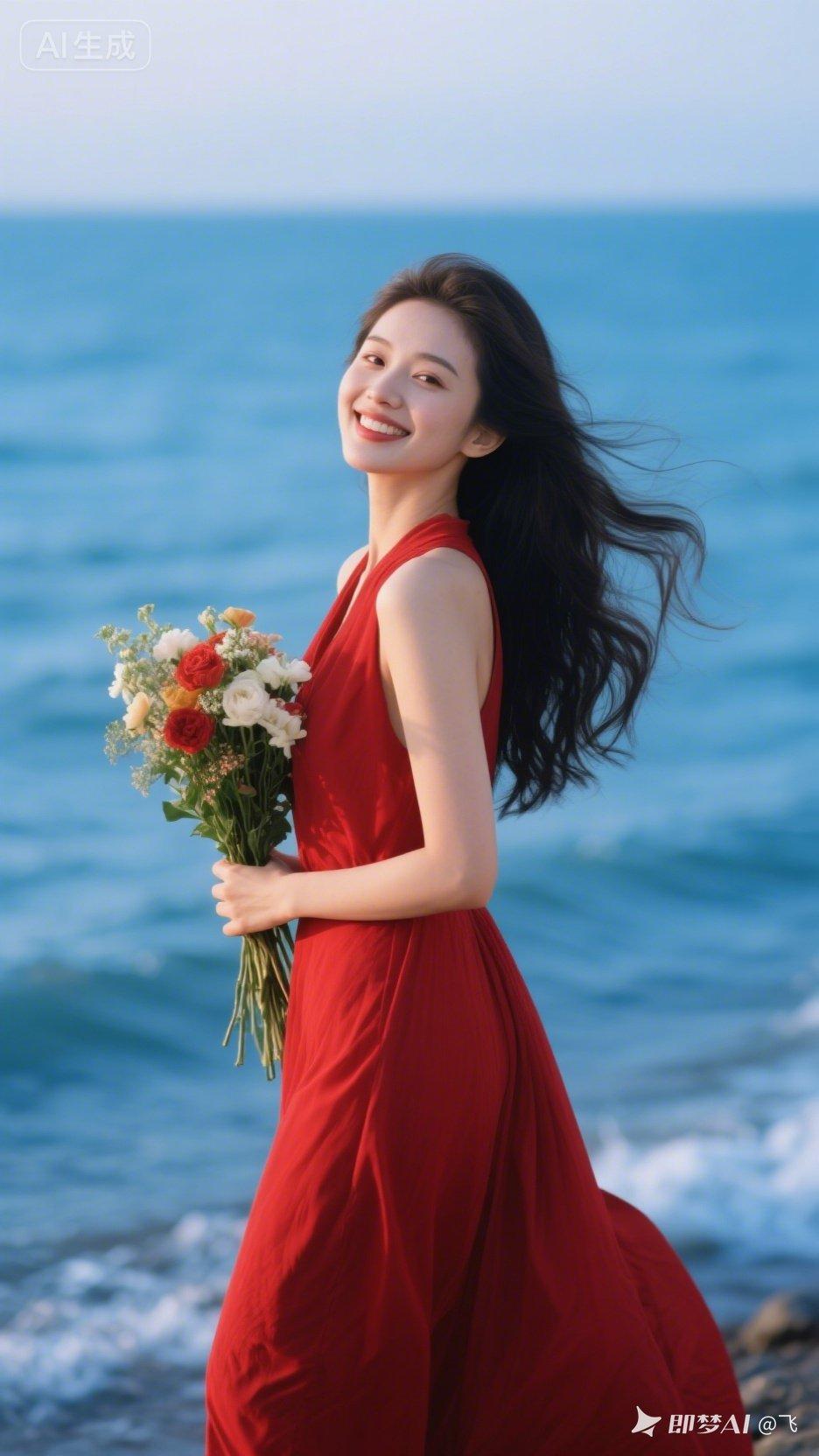 海边漫步，红裙飘逸，手捧鲜花，笑靥如花。