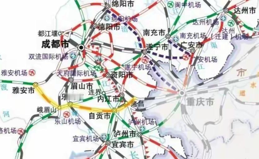 可以看出成渝之间的铁路交通又多密集，但很多没有修建的确实也有道理，如绵遂渝铁路，