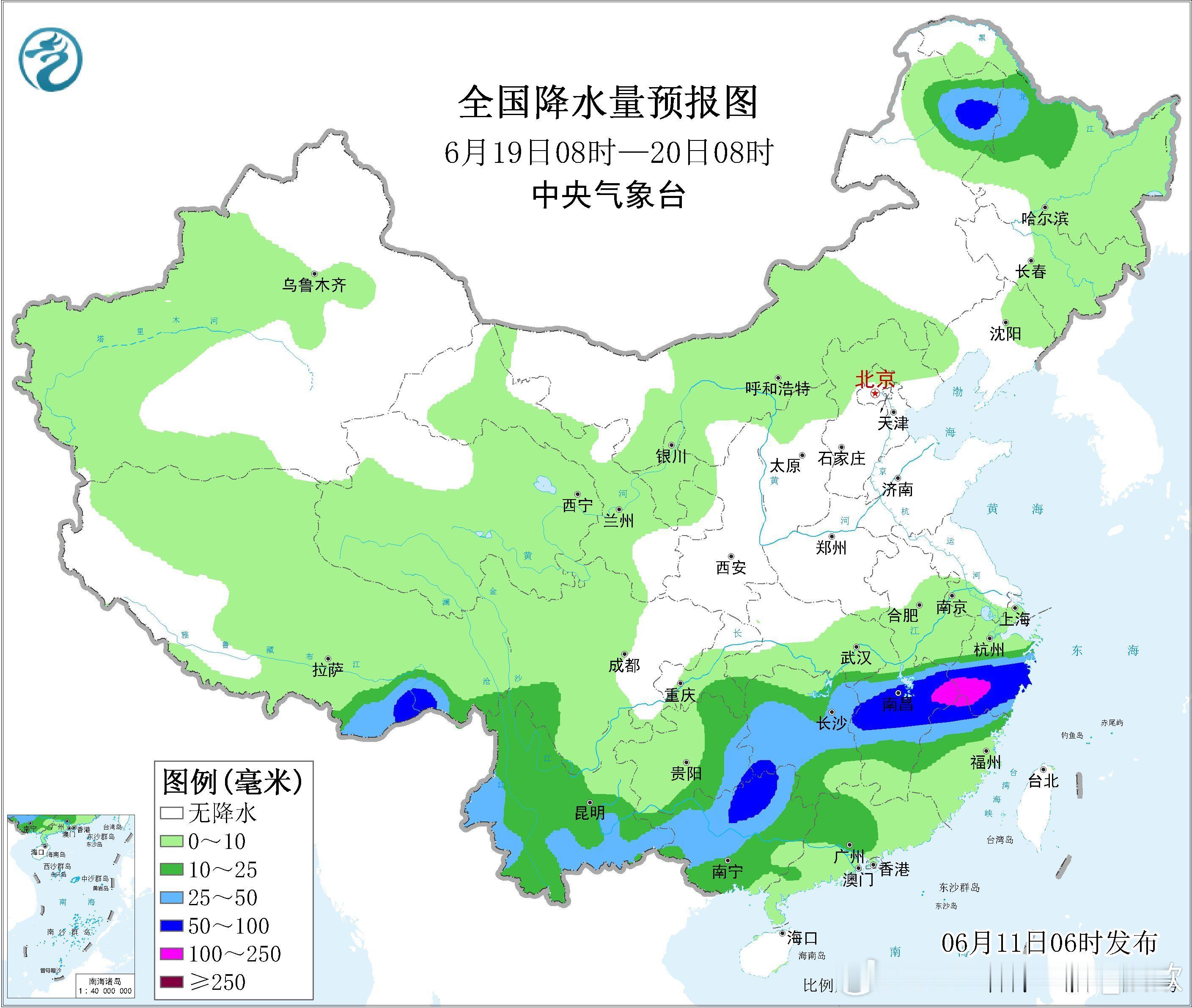 【降水展望】目前预报看6月中旬后期-下旬初，副热带高压将有所北抬，我国主雨带位置