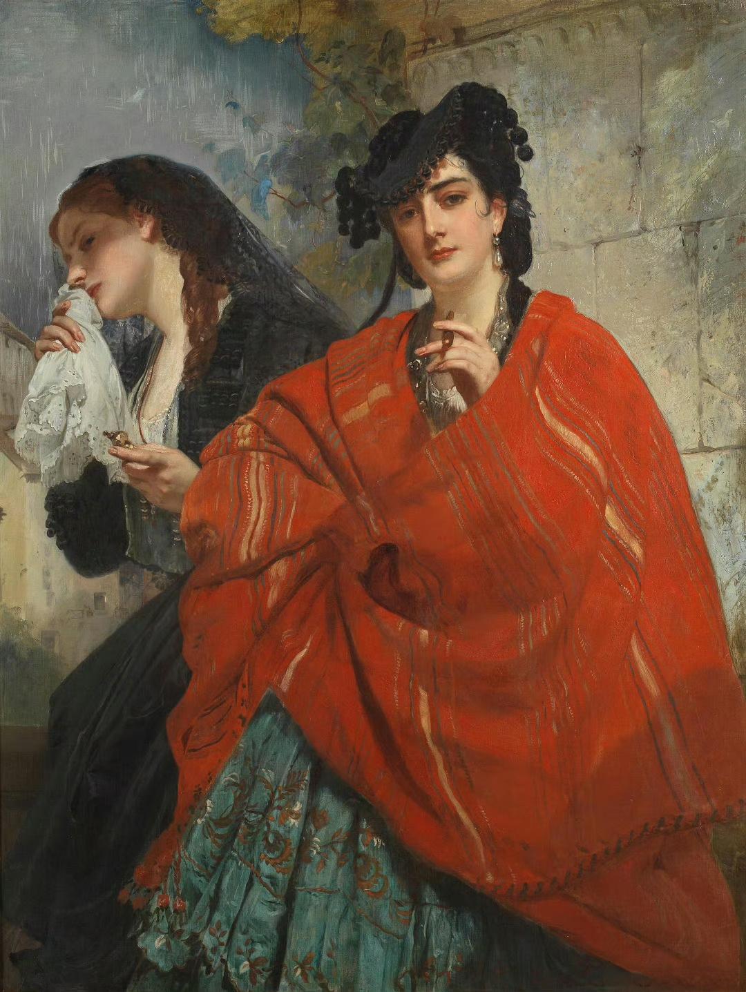 复古优雅，红衣女郎与黑衣女郎的静谧时光。