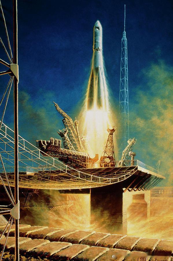 1982年苏联画家安德烈·索科洛夫和宇航员阿列克谢·列昂诺夫的画作《前进！》​