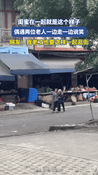 到老还有闺蜜相伴，便是人间幸事集市街头偶遇暖心一幕。两位老奶奶手臂搭着肩膀，