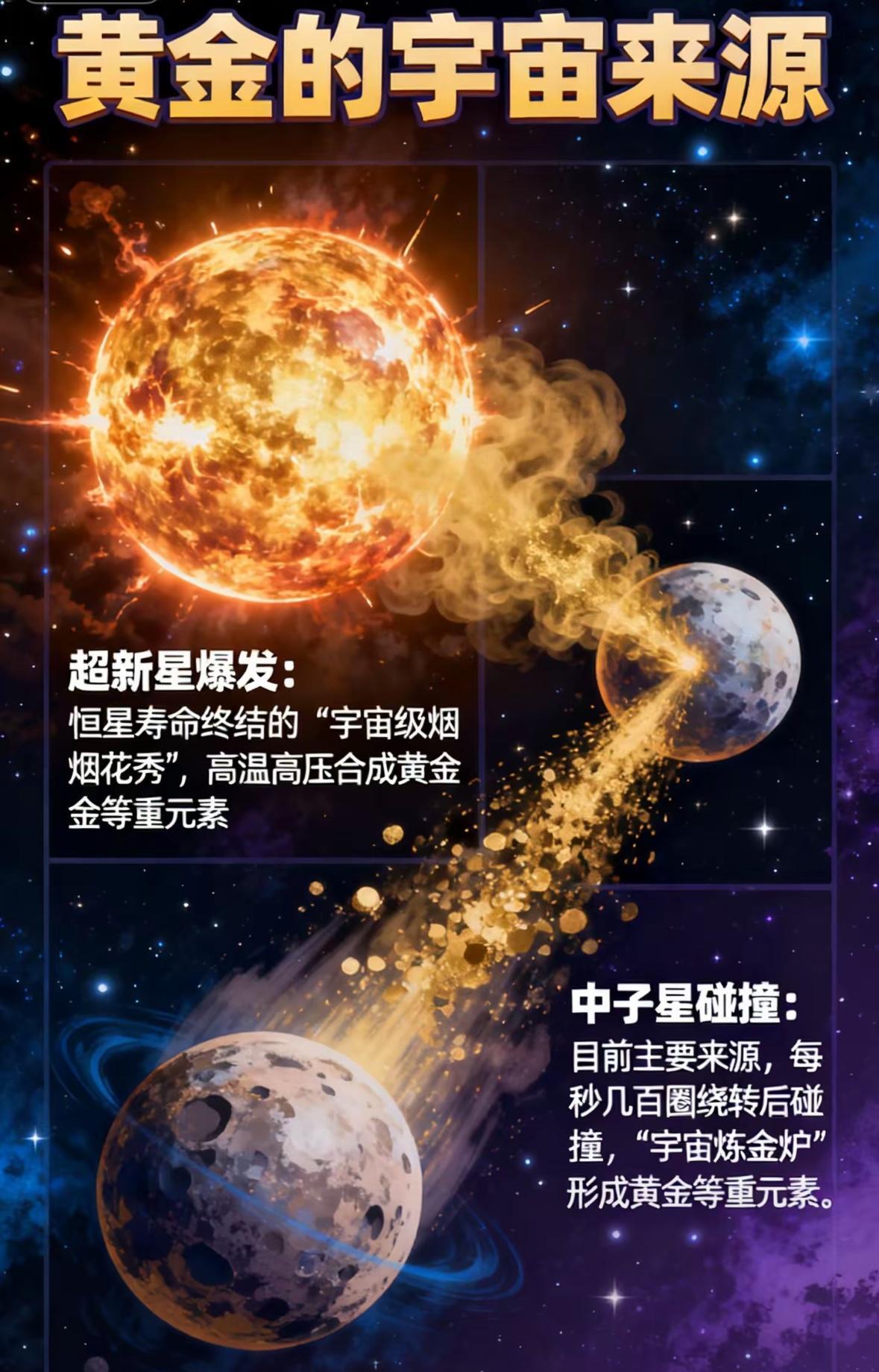 黄金为什么贵?因为地球本身,是炼不出黄金的。它的故乡在外太空。在宇宙中,只有两种