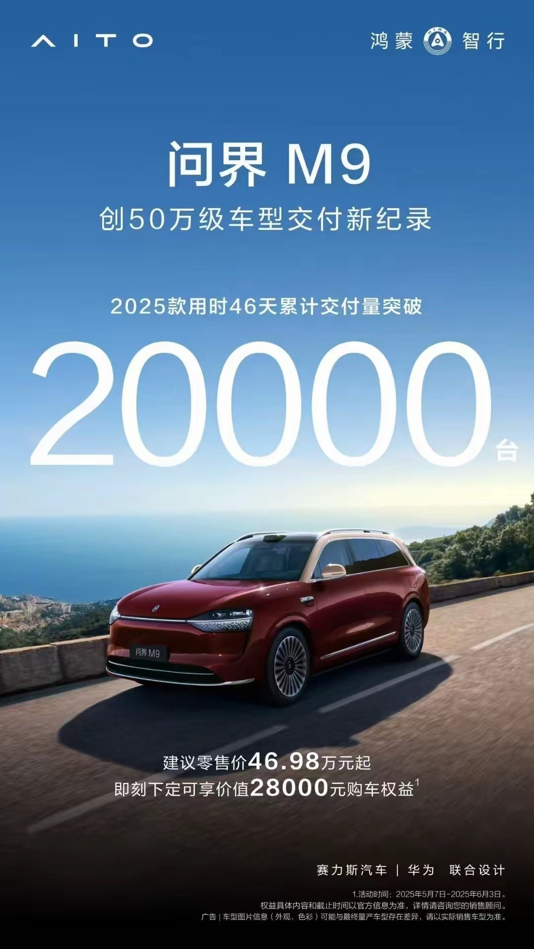 【华为鸿蒙智行：2025款问界M9交付量46天突破2万辆，创50万级车型纪录】华