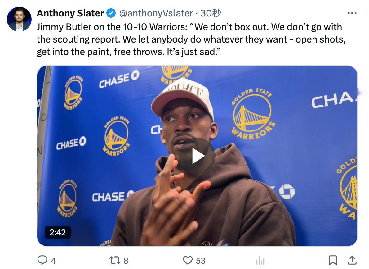 巴特勒谈到目前战绩为10胜10负的勇士队时说：“我们不去卡位抢篮板（bo