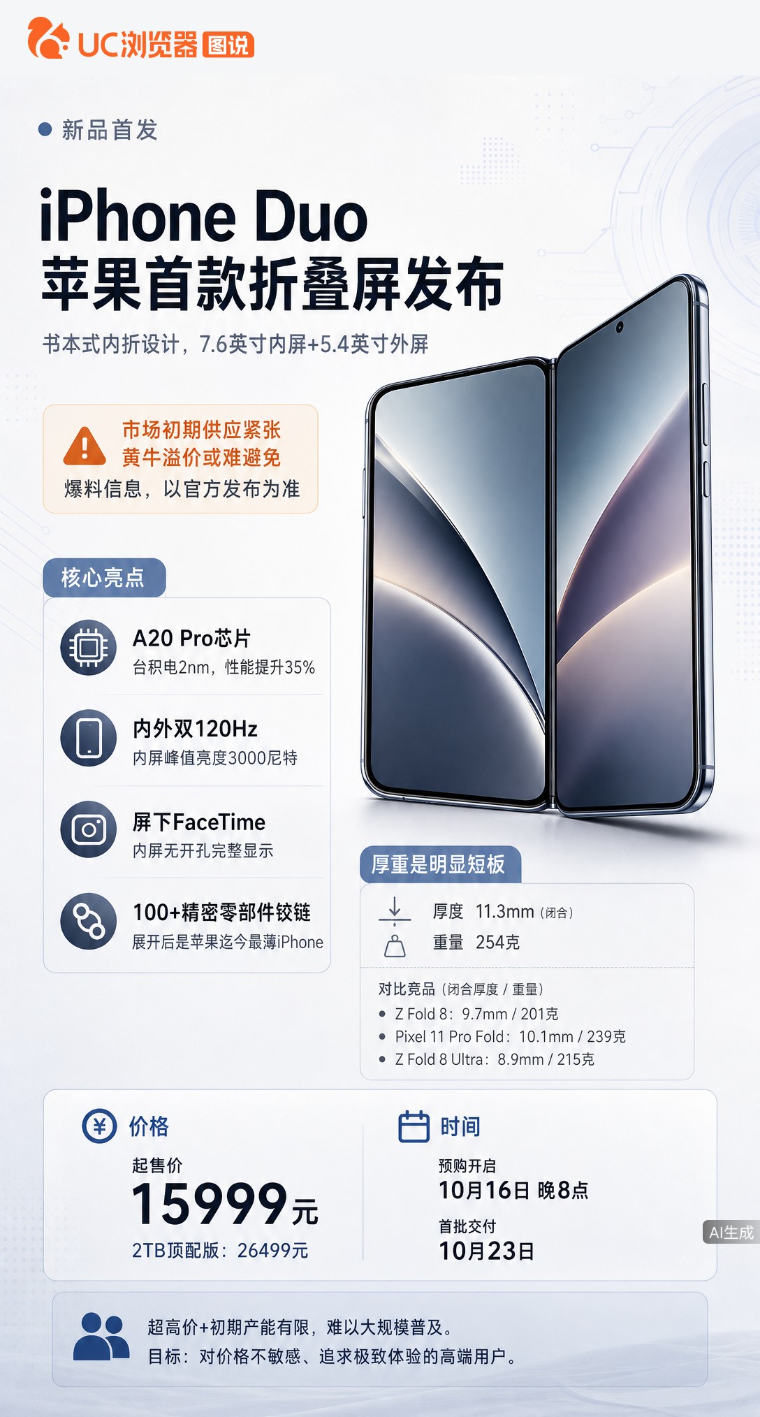 苹果首款折叠屏起售价15999元，却比安卓竞品更厚更重。业内曝初期良率仅六七成、日产量数百台，黄牛或
