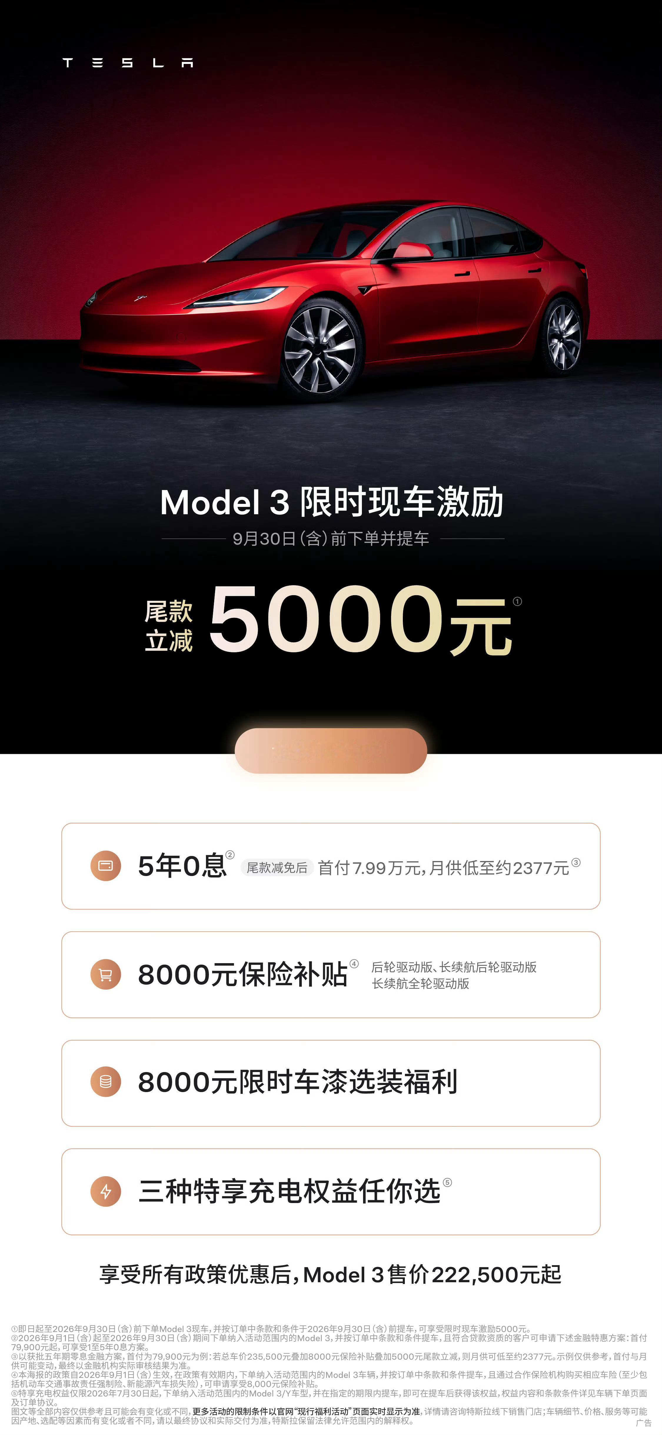 尾款立减，Model3降价5000，ModelY降价10000。5