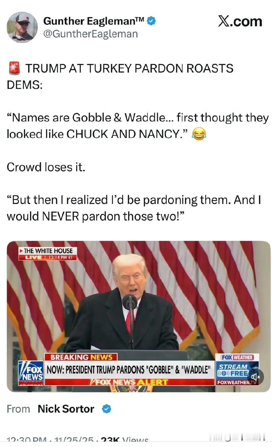 川普在火鸡赦免仪式上嘲讽民主党人：“它们的名字叫“咯咯”和‘摇摇”。一开始我还以