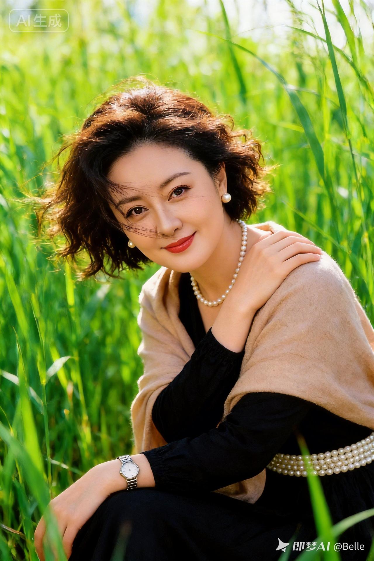 在阳光下的田野里，优雅地微笑，珍珠与手表的点缀，自然与时尚的完美结合。
