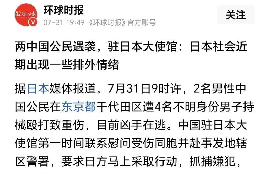 中国的旅游景点少吗？不好吗？2名中国公民在日本遭受不明身份的4名日本人殴打重伤。