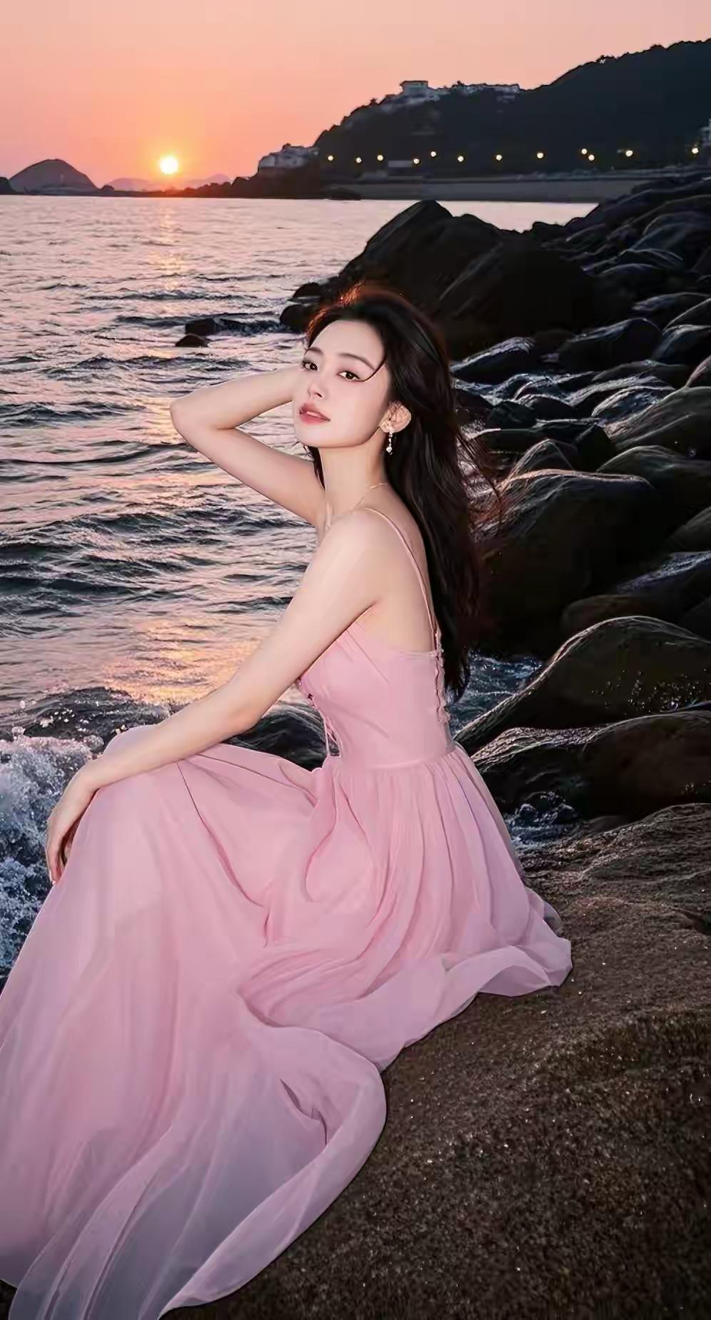 她坐在礁石等浪来，发梢沾着落日余晖，像极了青春里的遗憾