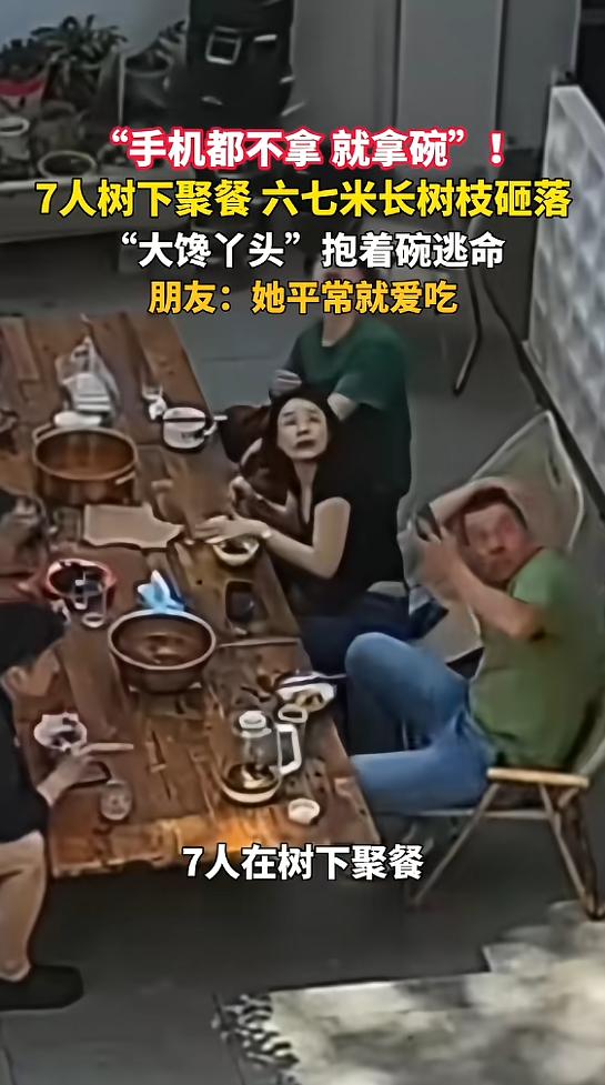哭笑不得！5月11日陕西咸阳一女子和六位同事树下聚餐，大树突然发出异响，粗树枝随